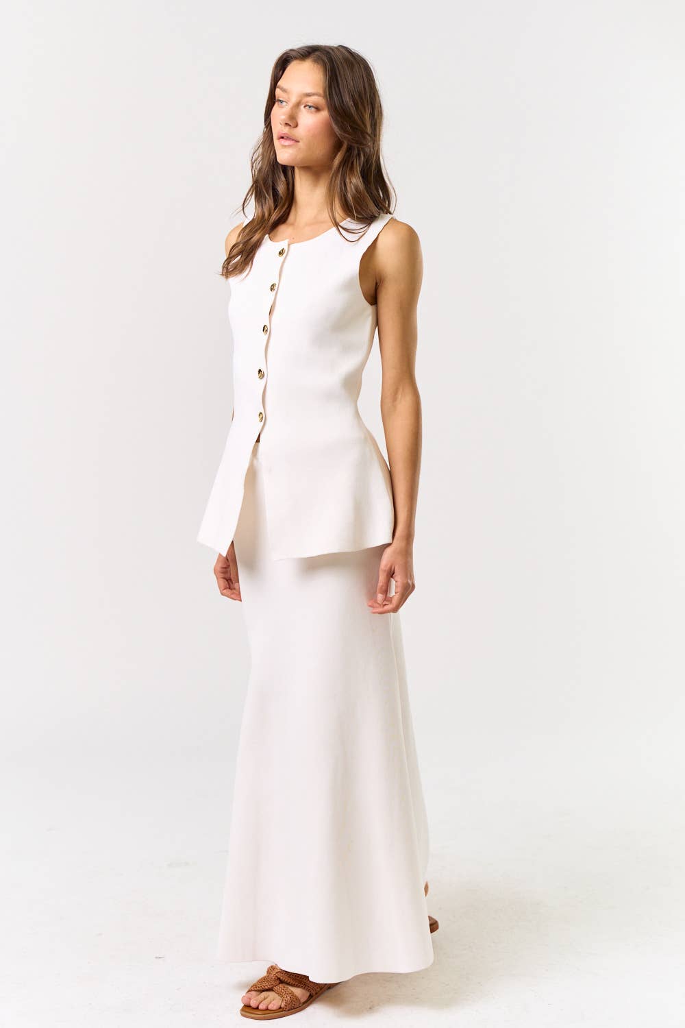 White Button Front Sleeveless Vest