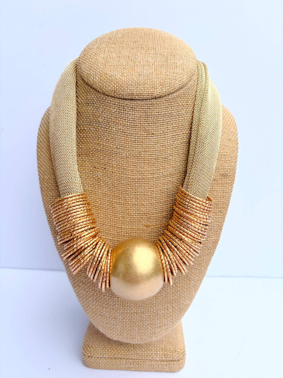 Gold Mesh Metal Ball + Rings Necklace