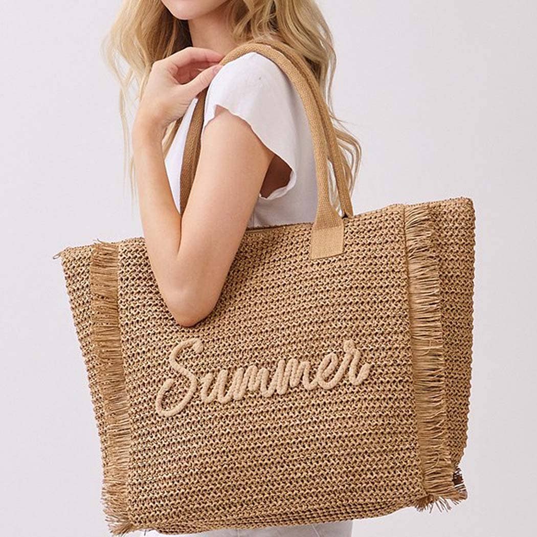 Woven Straw Fringe Tote With Summer Embroidery