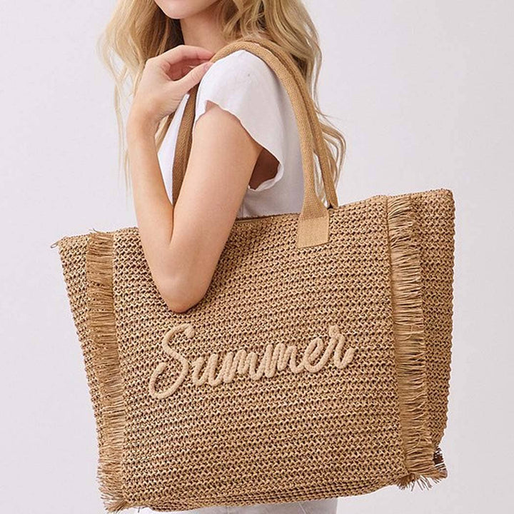 Woven Straw Fringe Tote With Summer Embroidery