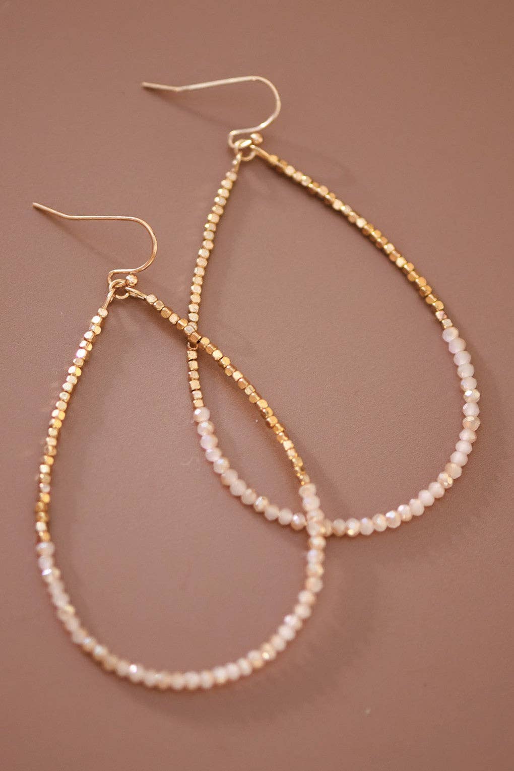 Pink Gold Beaded Hollow Drop Earrings with Glass Beads