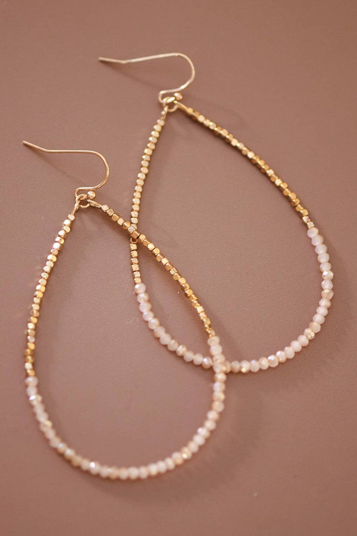 Pink Gold Beaded Hollow Drop Earrings with Glass Beads