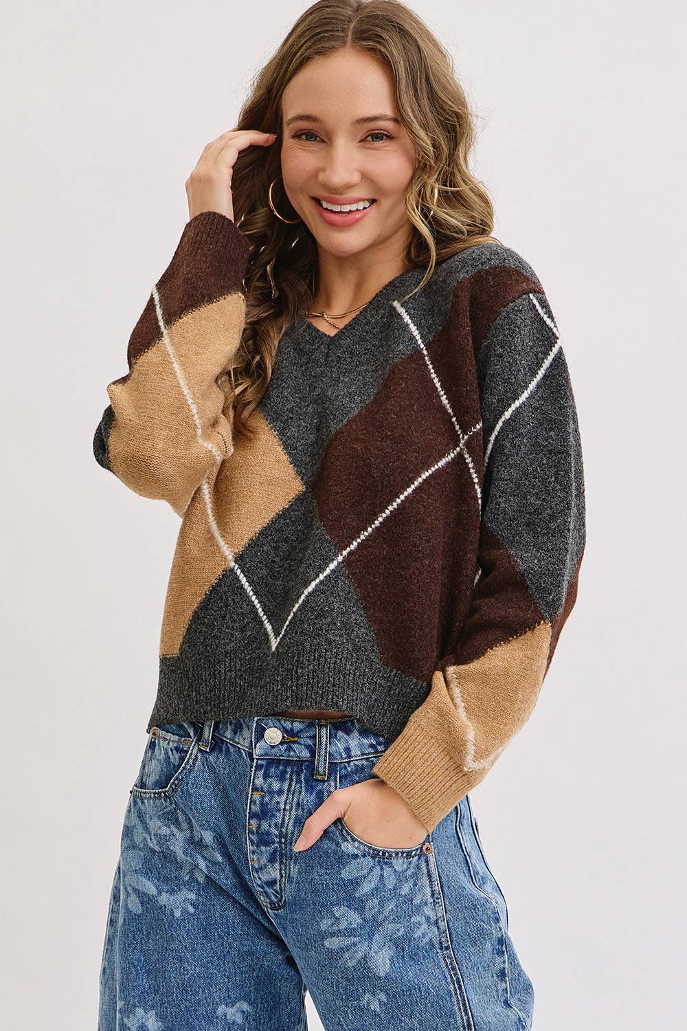 Charcoal Wine Camel  V-Neck Argyle Sweater