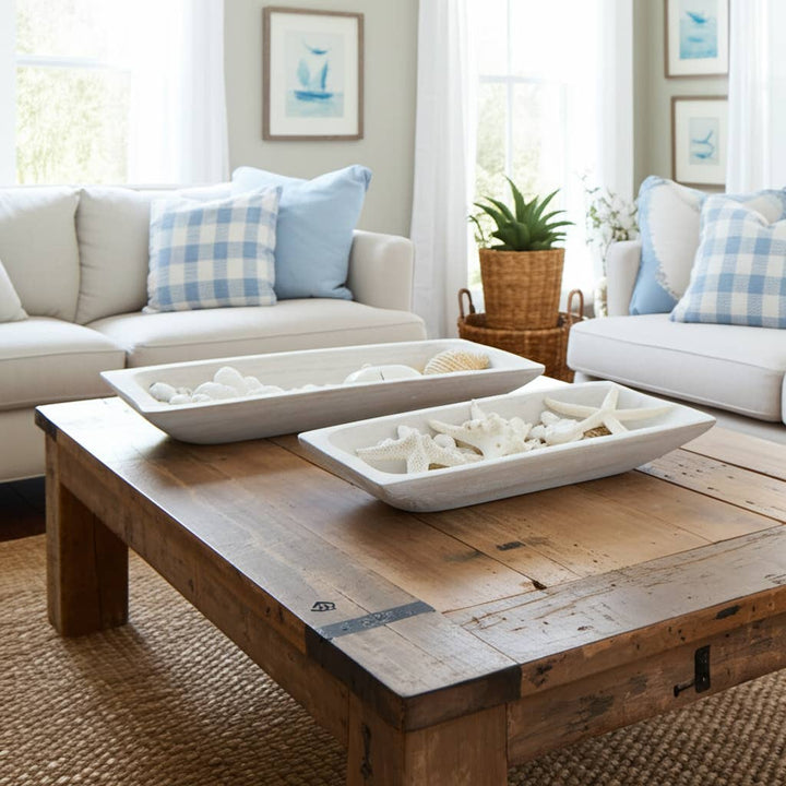 White Wooden Rectangular Coastal Trays (Set of 2)