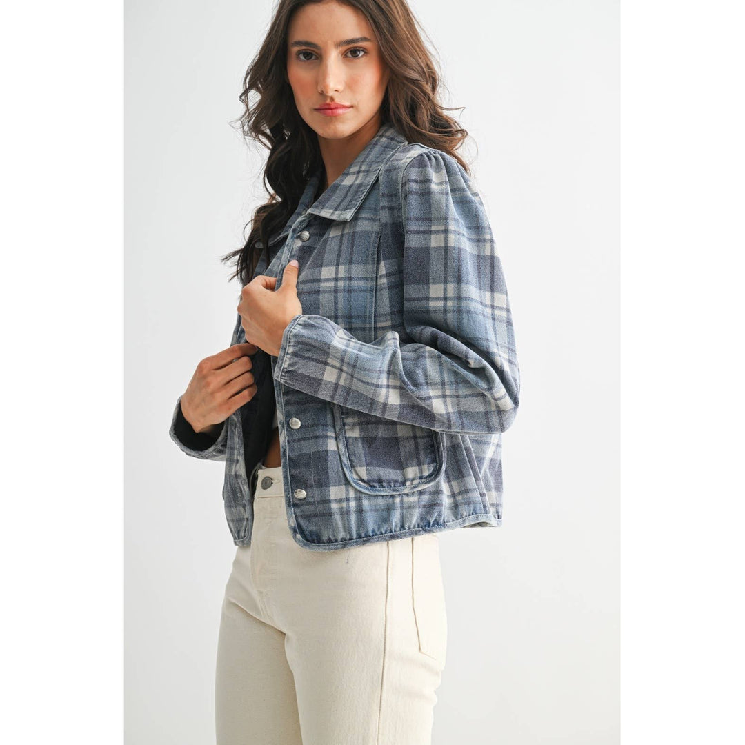 Blue Denim Plaid Button-Front Jacket