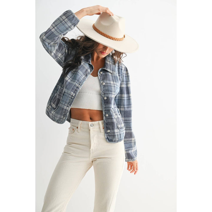 Blue Denim Plaid Button-Front Jacket