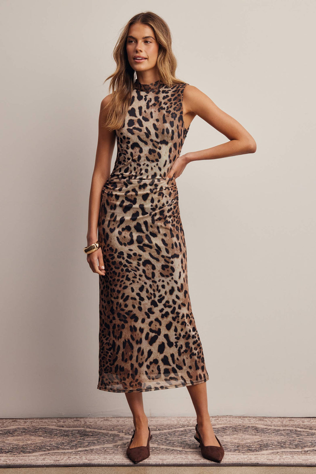 Leopard Print Power Mesh Midi Dress