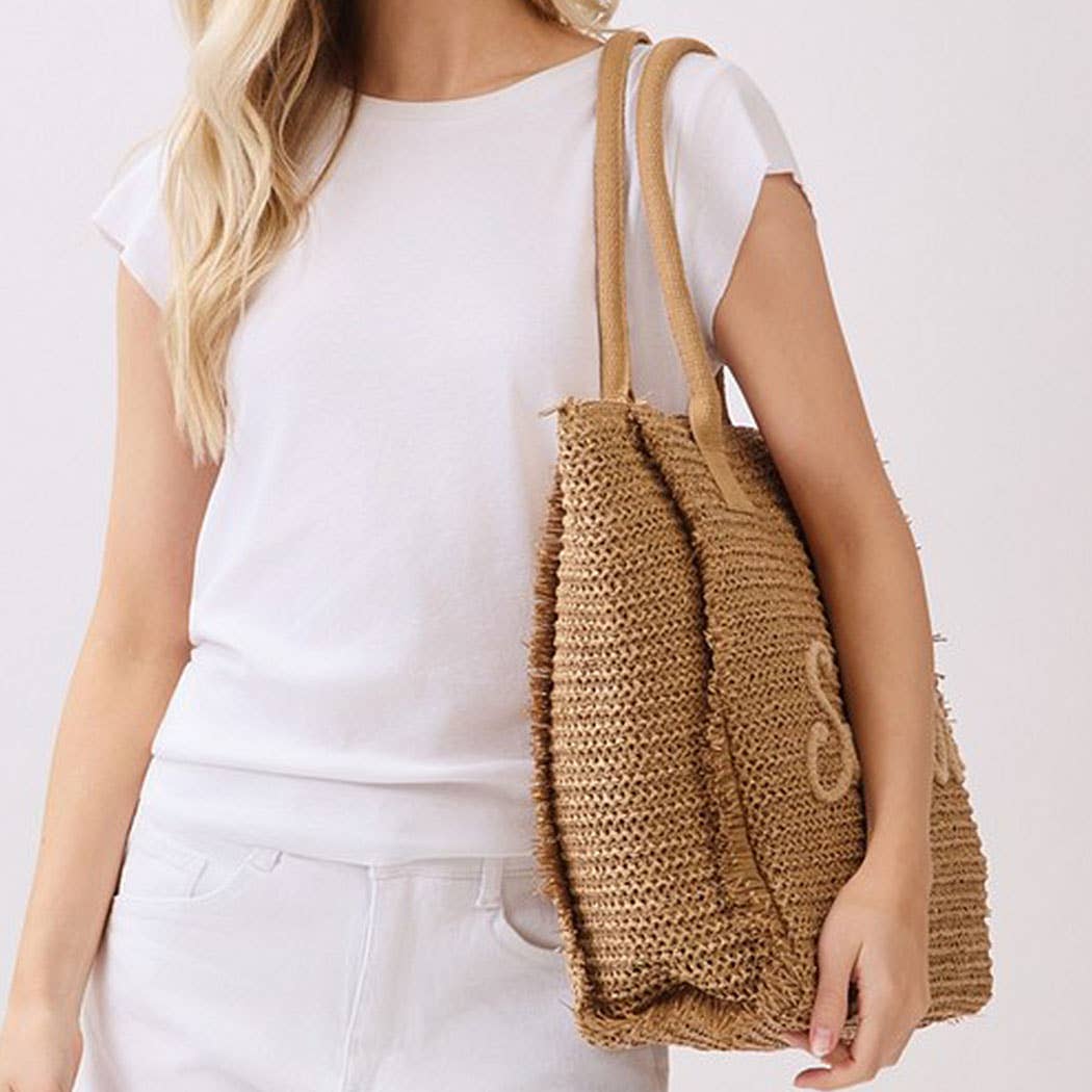 Woven Straw Fringe Tote With Summer Embroidery