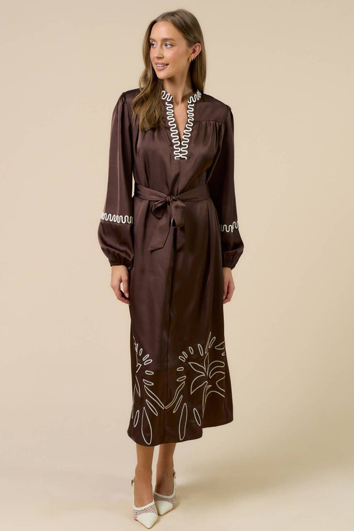 Brown Long Sleeve Embroidered Dress
