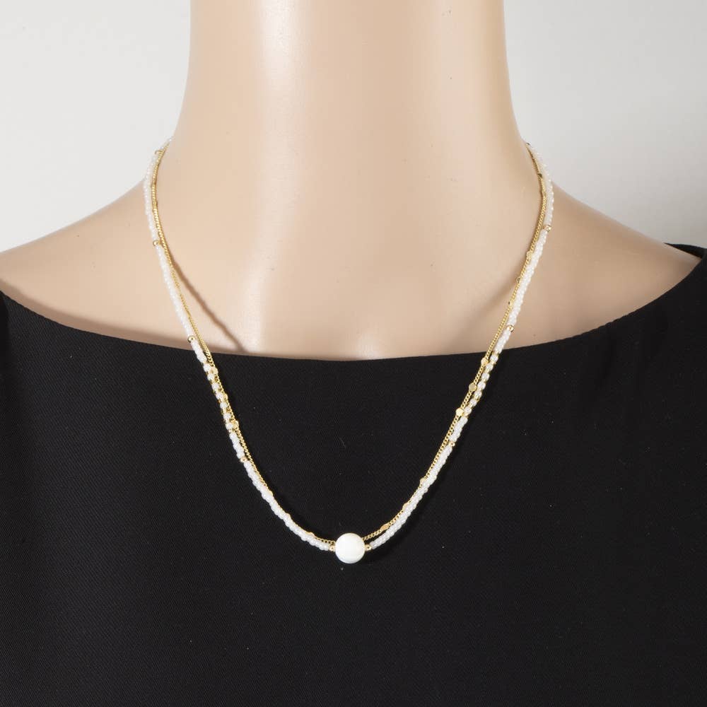 Double Strand Seed Bead And Pearl Station Necklace