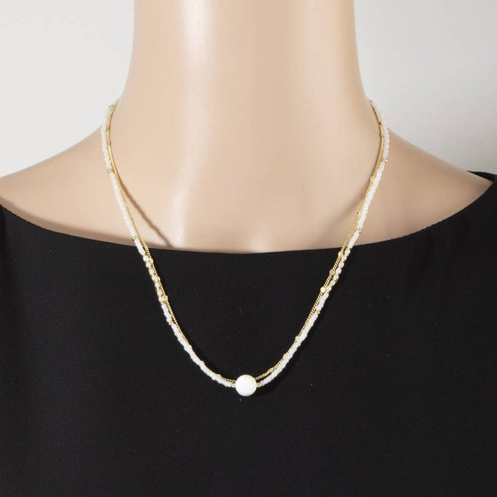 Double Strand Seed Bead And Pearl Station Necklace
