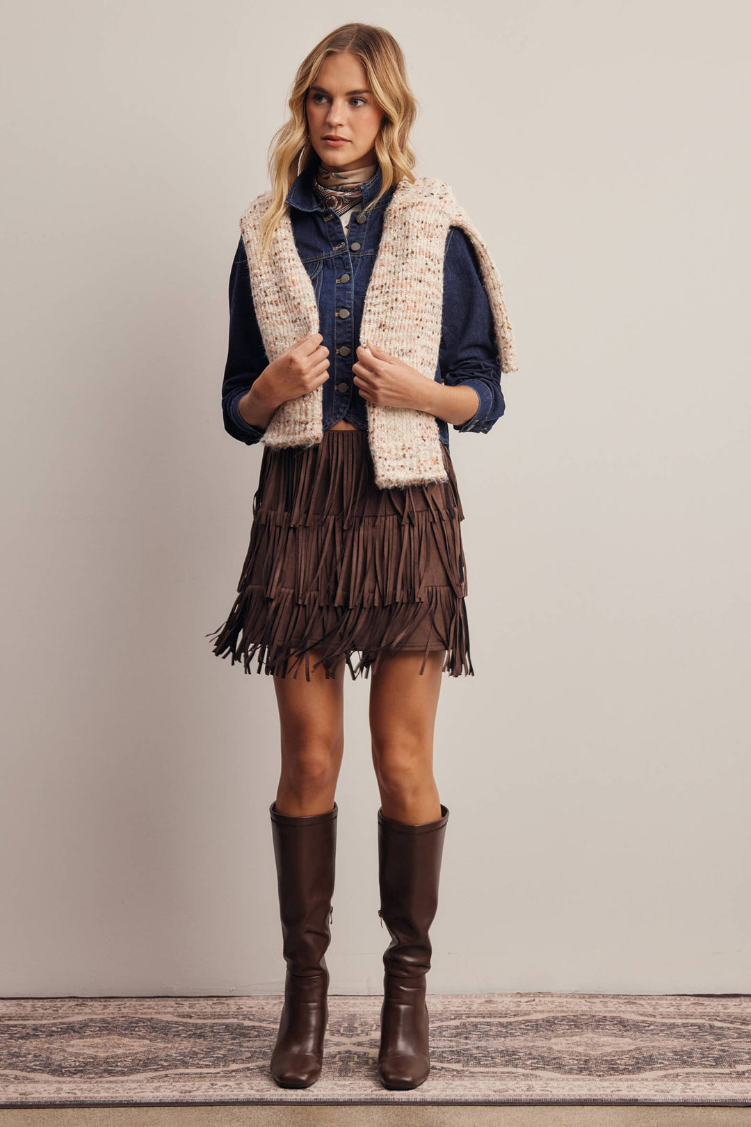 Tiered Fringe Stretch Suede Mini Skirt