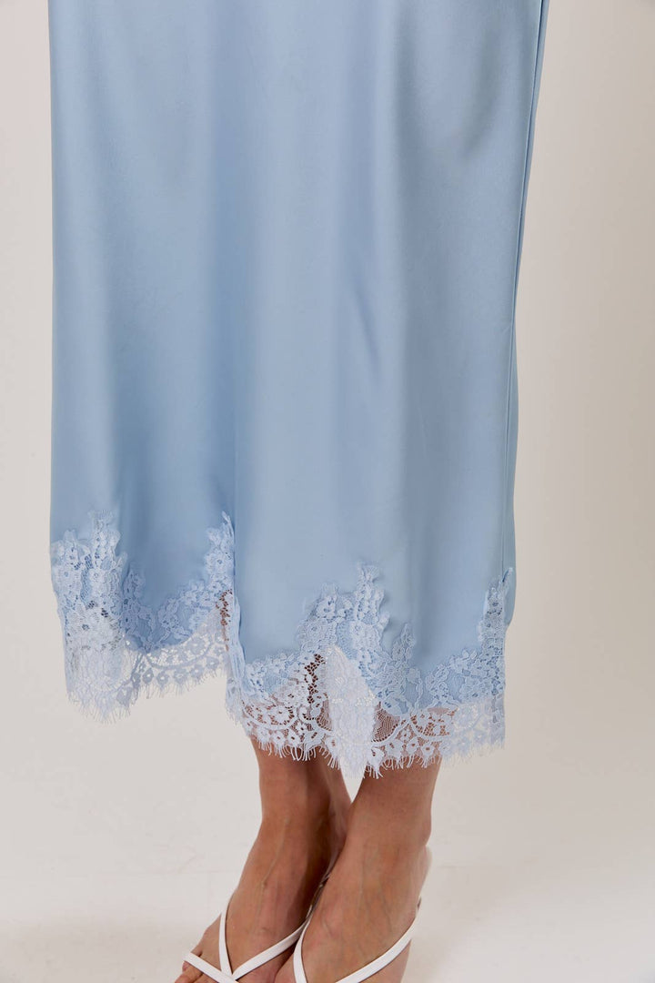 Sky Blue L ace Applique Satin Midi Skirt