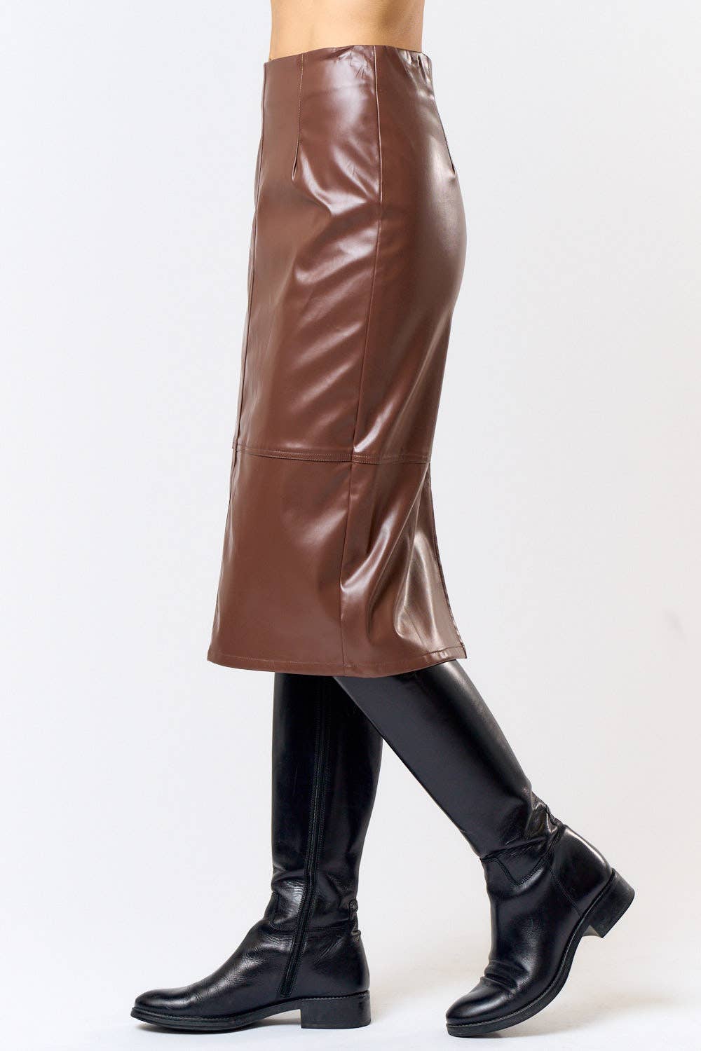 Black High Waist Leather Midi Skirt