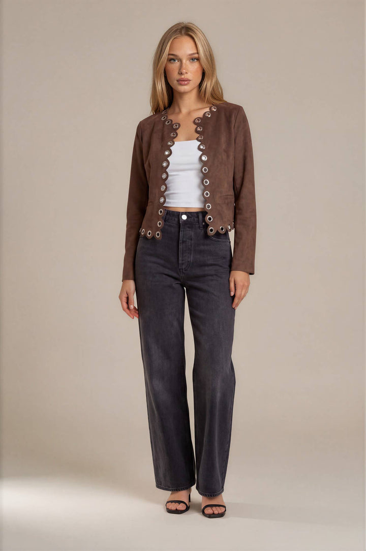 Chocolate Eyelet Detailed Suede Jacket