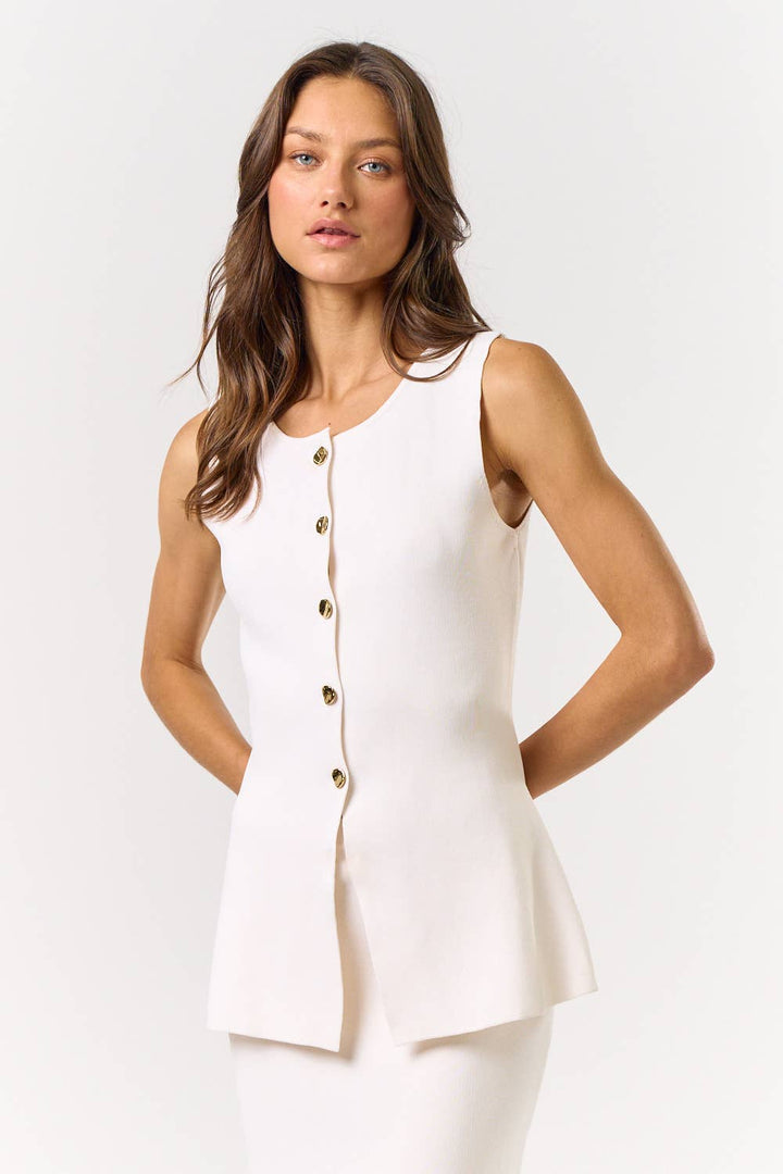 White Button Front Sleeveless Vest
