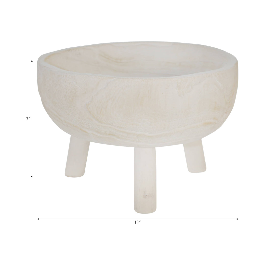 Decorative Bowl - White Wood Rustic with Tripod Legs