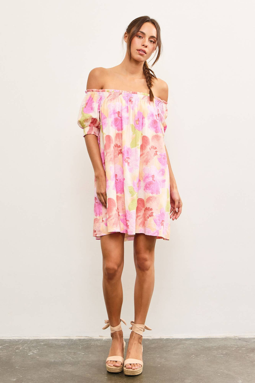 Pink Yellow Floral Off-Shoulder Floral Dress