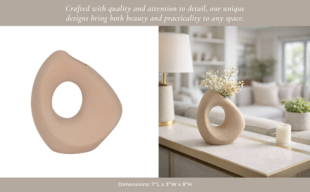 Tan 8 in. Ceramic Lopsided Open Cut-Out Vase Sand Texture