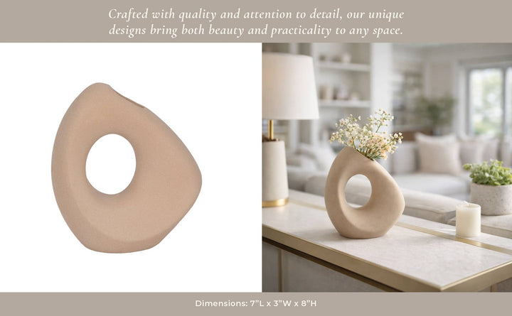 Tan 8 in. Ceramic Lopsided Open Cut-Out Vase Sand Texture