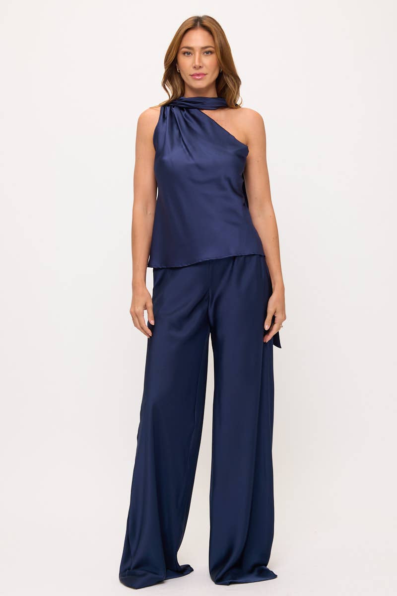 Navy Satin Top w Scarf Detail
