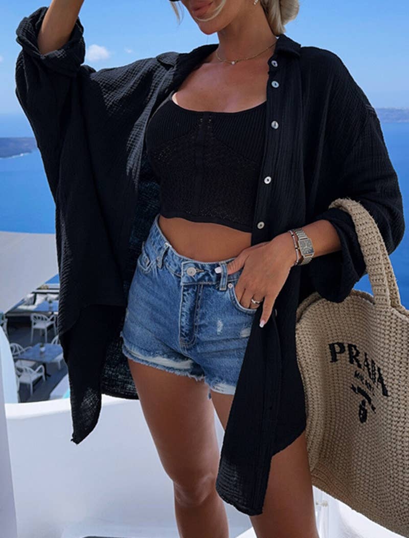 White Guaze Button-Down Coverup with Eye Design
