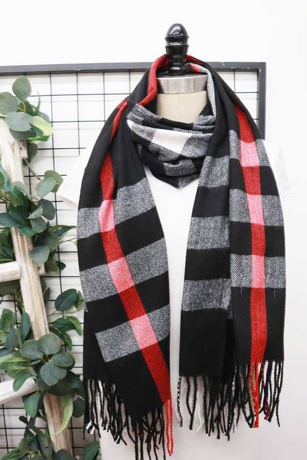 Camel Wool Plaid Cashmere Scarf With Tassel