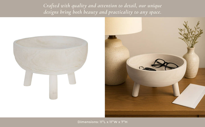 Decorative Bowl - White Wood Rustic with Tripod Legs