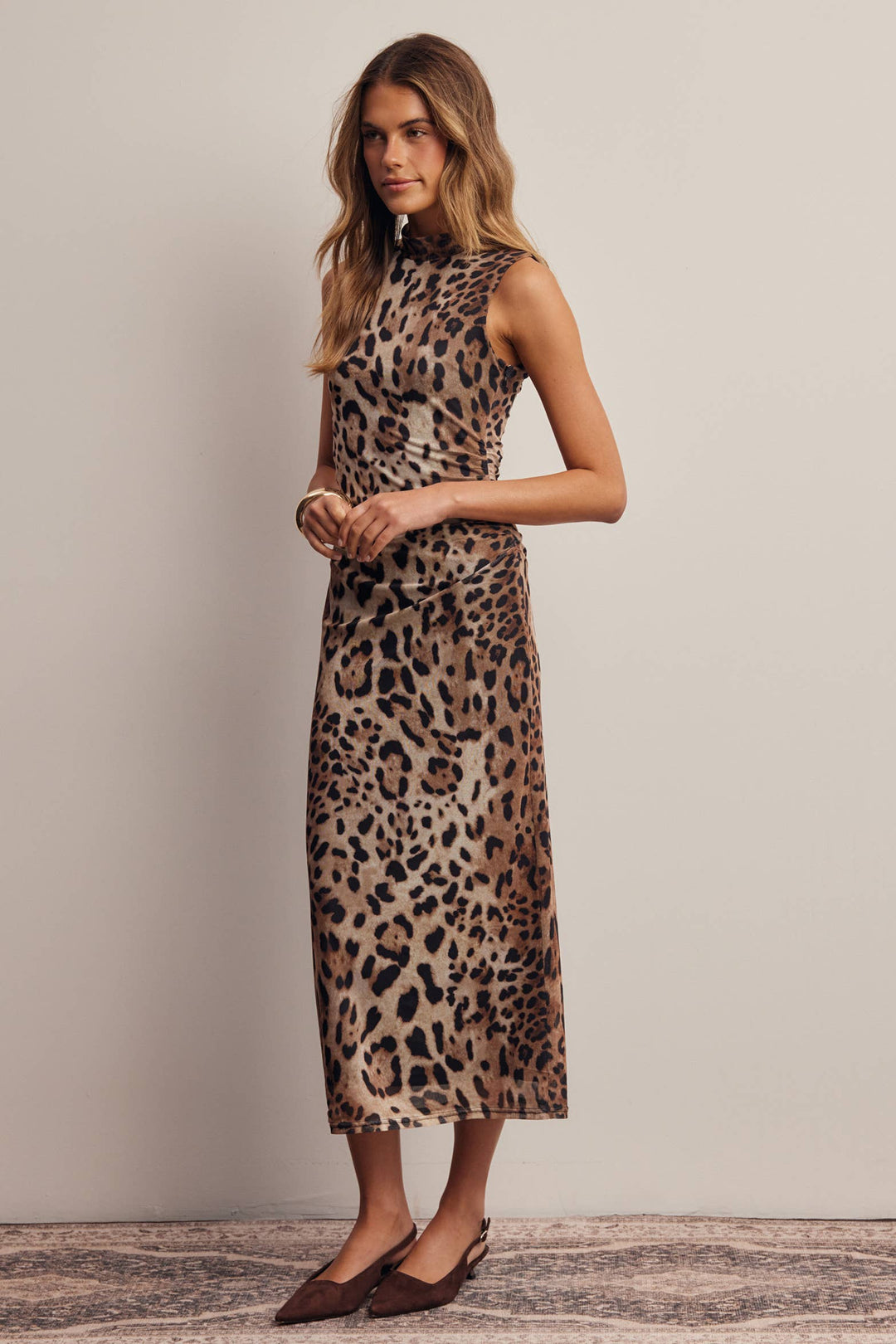Leopard Print Power Mesh Midi Dress