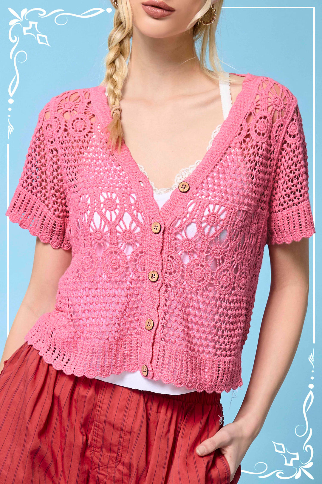 Crochet Scallop Edge Button Down Cardigan