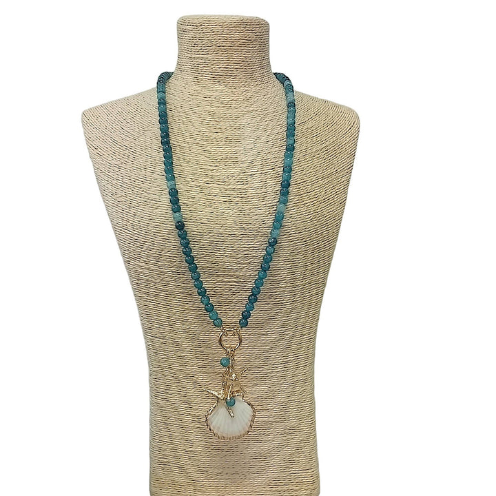 Blue Bead Long Necklace with Shell Design