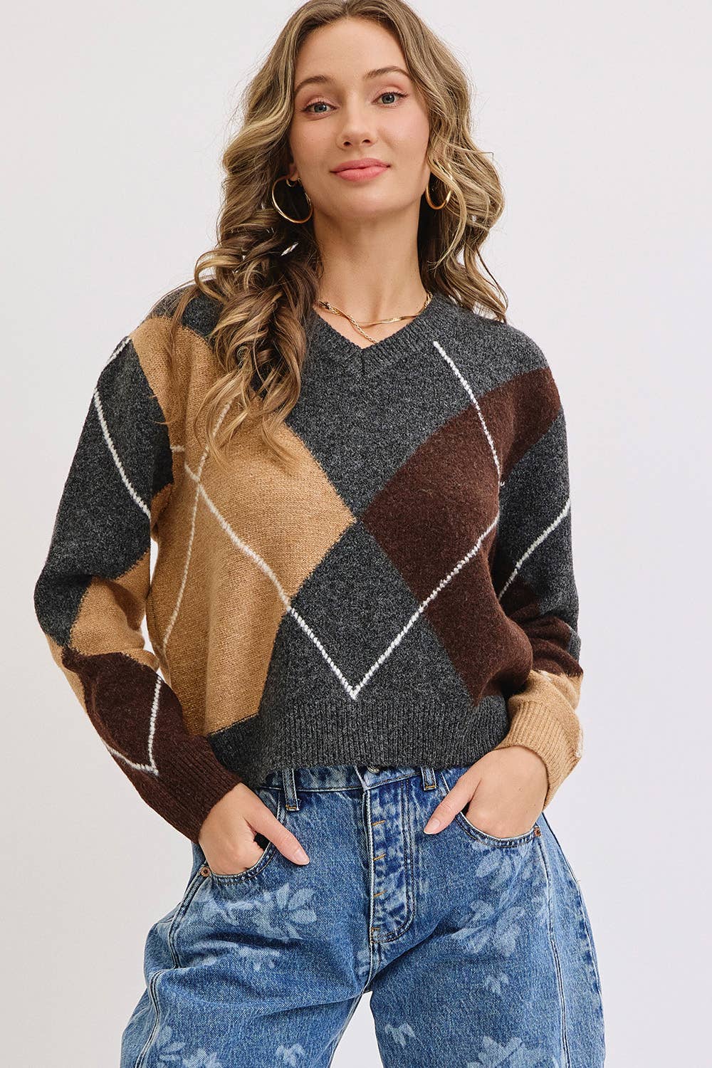 Charcoal Wine Camel  V-Neck Argyle Sweater