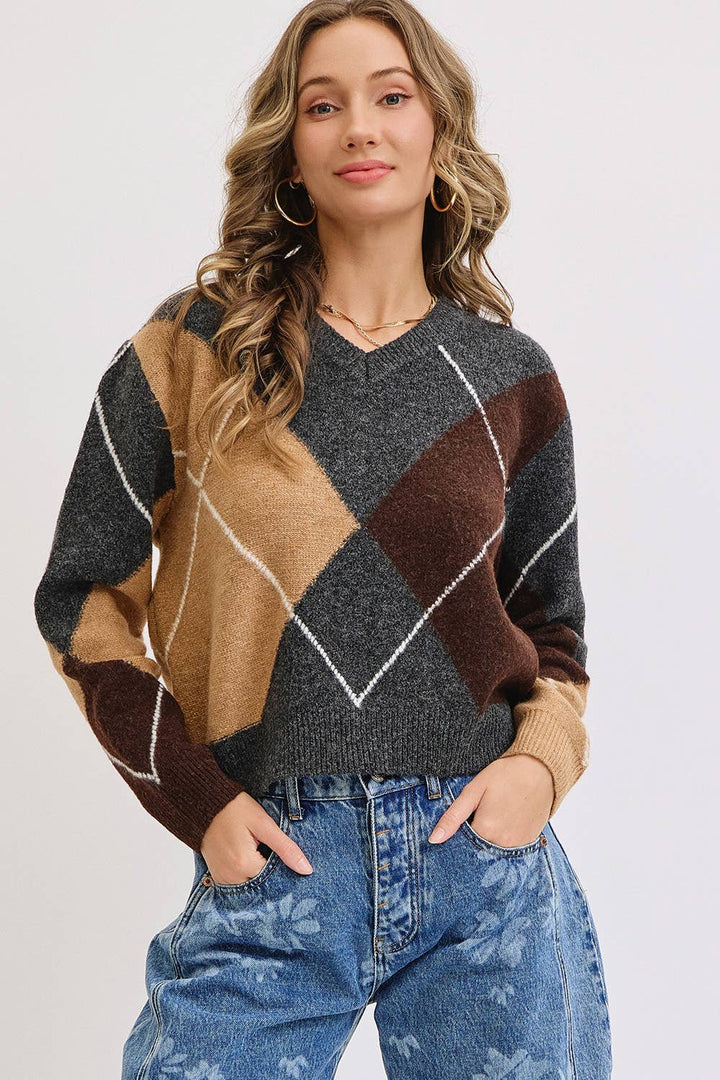 Charcoal Wine Camel  V-Neck Argyle Sweater