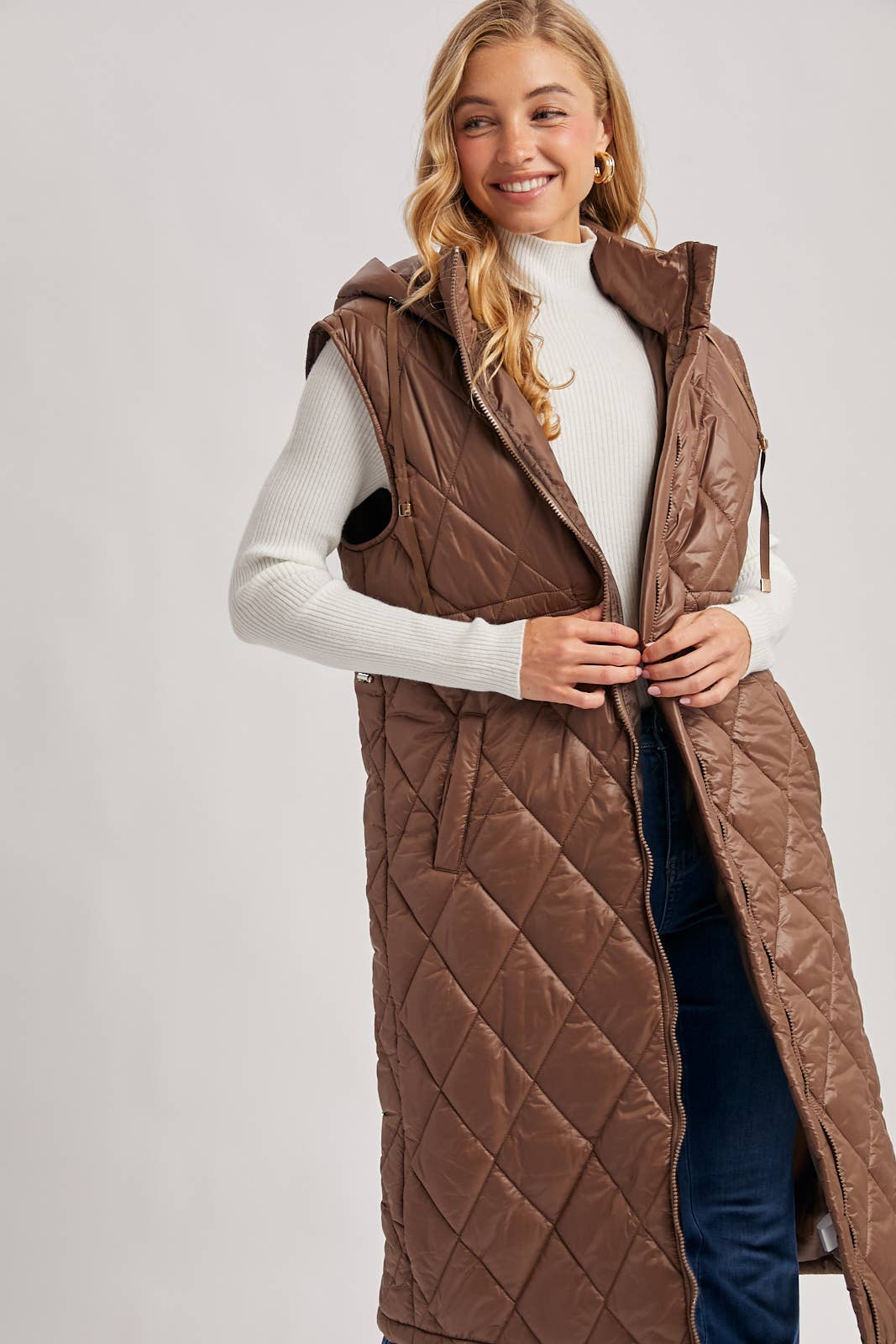 Quilt Puffer Long Hooded Vest