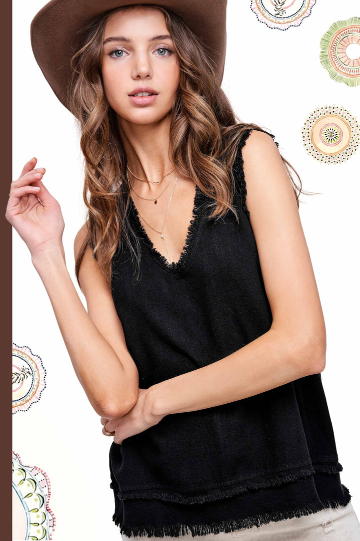 Soft Washed Gauze Cut Edge Sleeveless V-neck Top