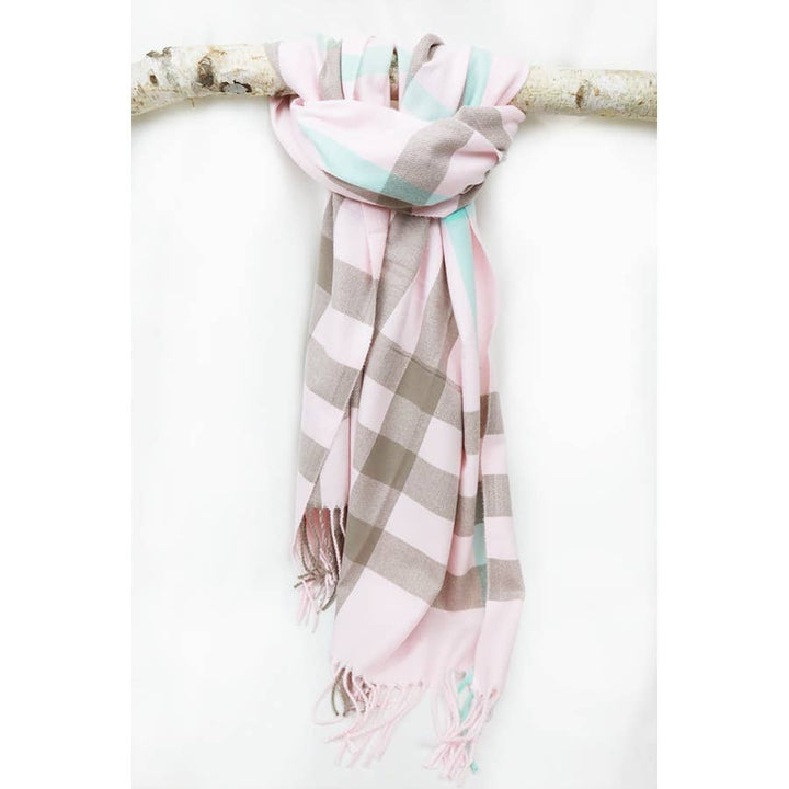 Camel Wool Plaid Cashmere Scarf With Tassel