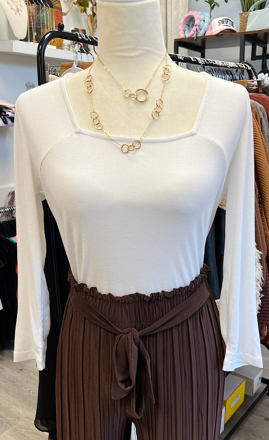 White Square Neck Long Sleeve Top