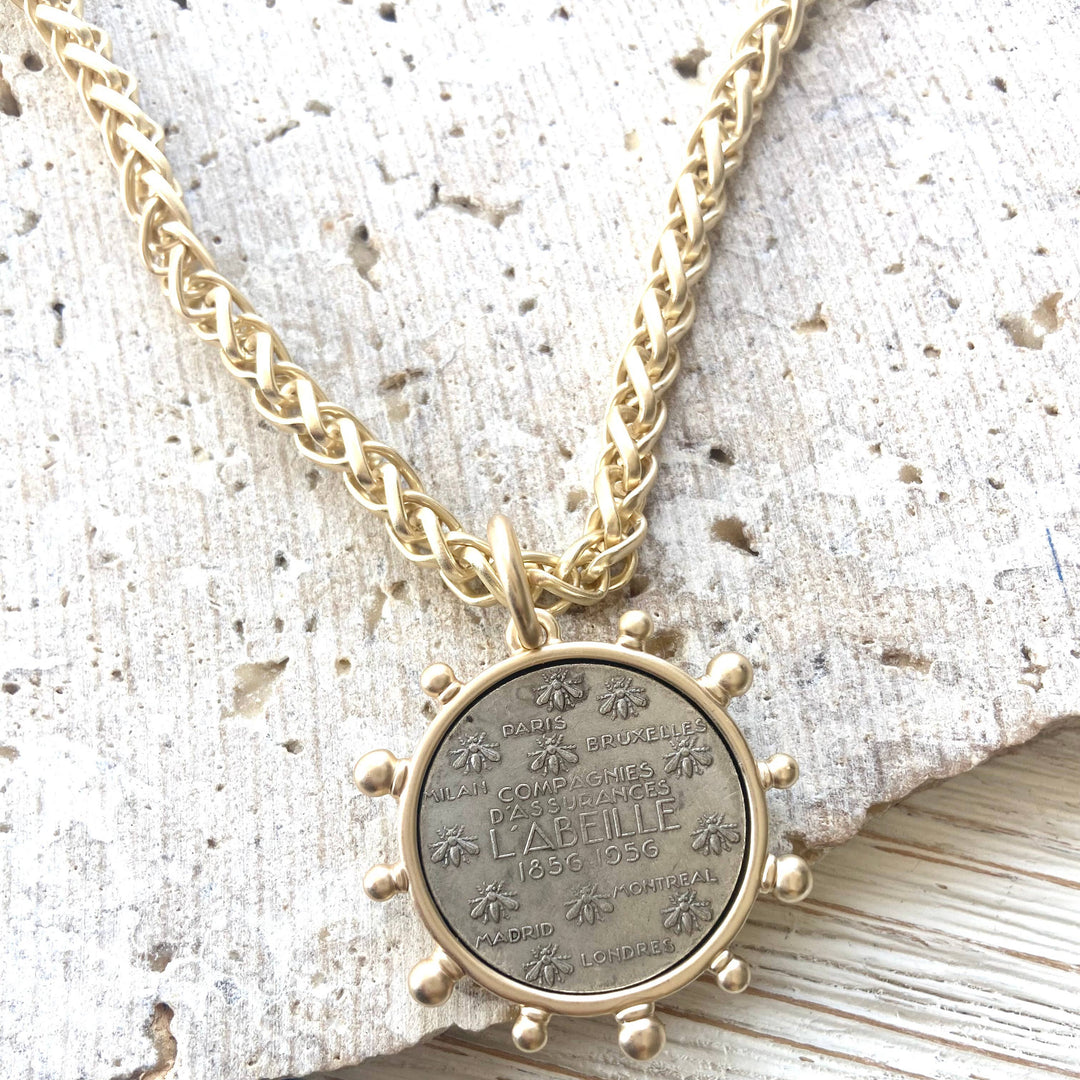 Matte Gold Bee Coin Necklace