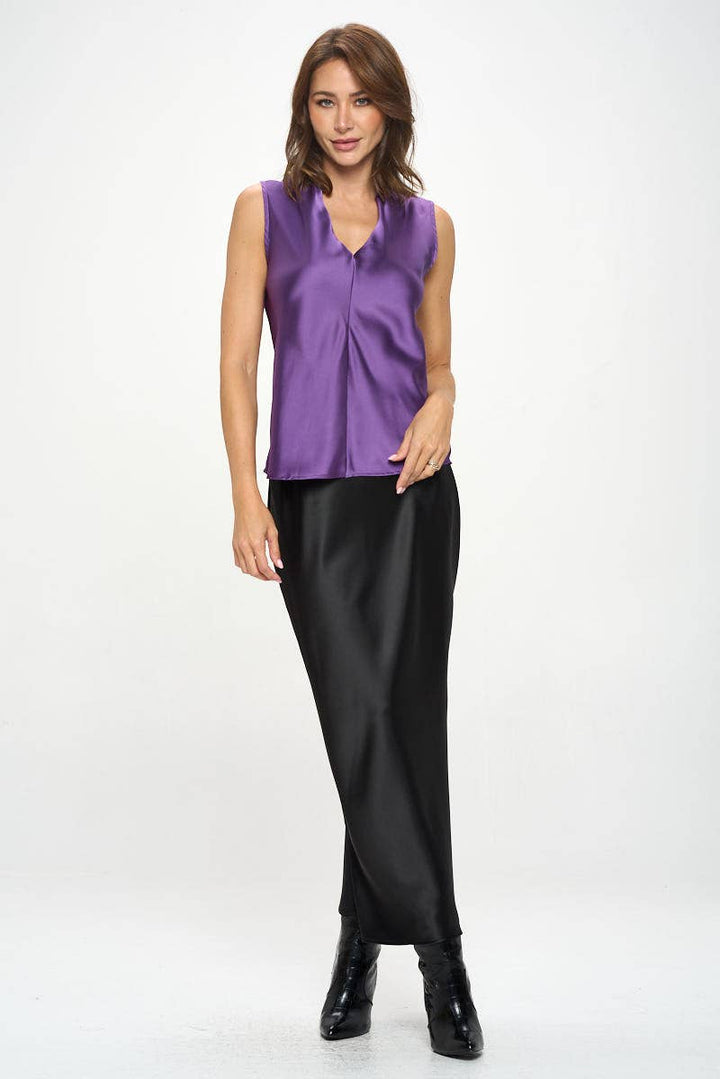 Violet Satin Vibrant V neck Sleeveless Top