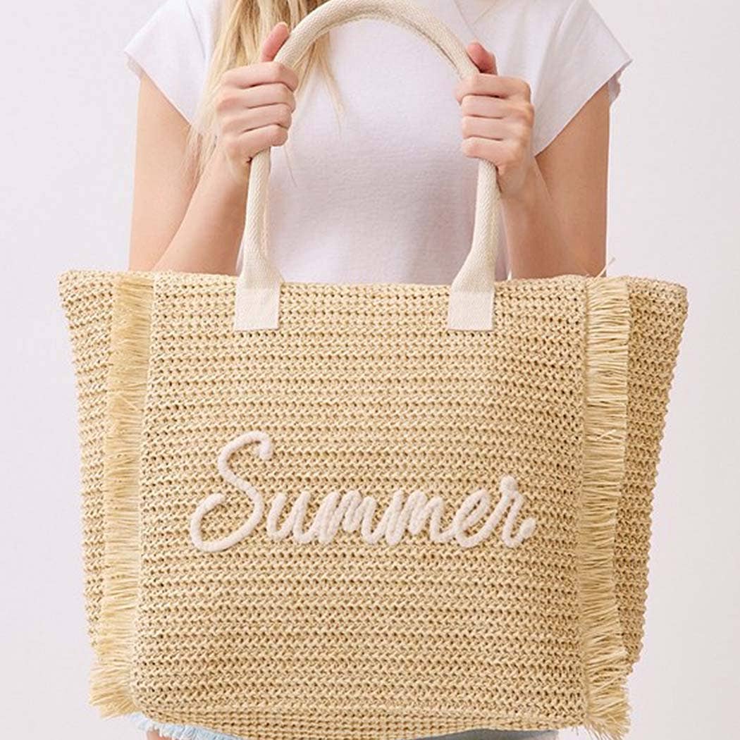 Woven Straw Fringe Tote With Summer Embroidery