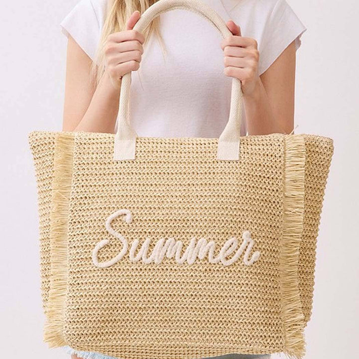 Woven Straw Fringe Tote With Summer Embroidery