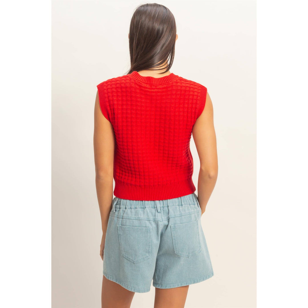 Red Textured Sleeveless Knit Top