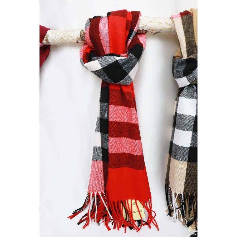 Camel Wool Plaid Cashmere Scarf With Tassel