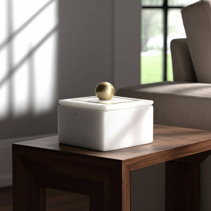 White Marble Modern 5" Storage Box with Removable Lid