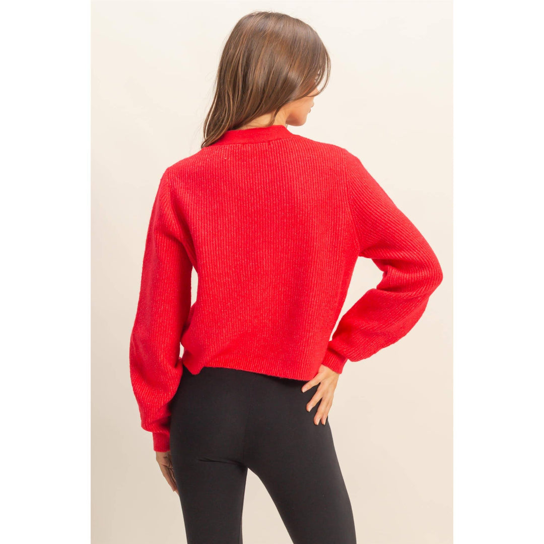 Red V Neck Sweater with Sparkly Bow