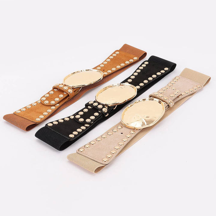 Hammered Metal Buckle Studded Faux Suede Elastic Belt