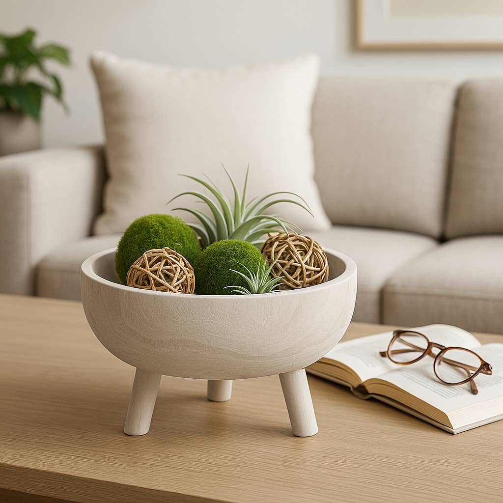 Decorative Bowl - White Wood Rustic with Tripod Legs