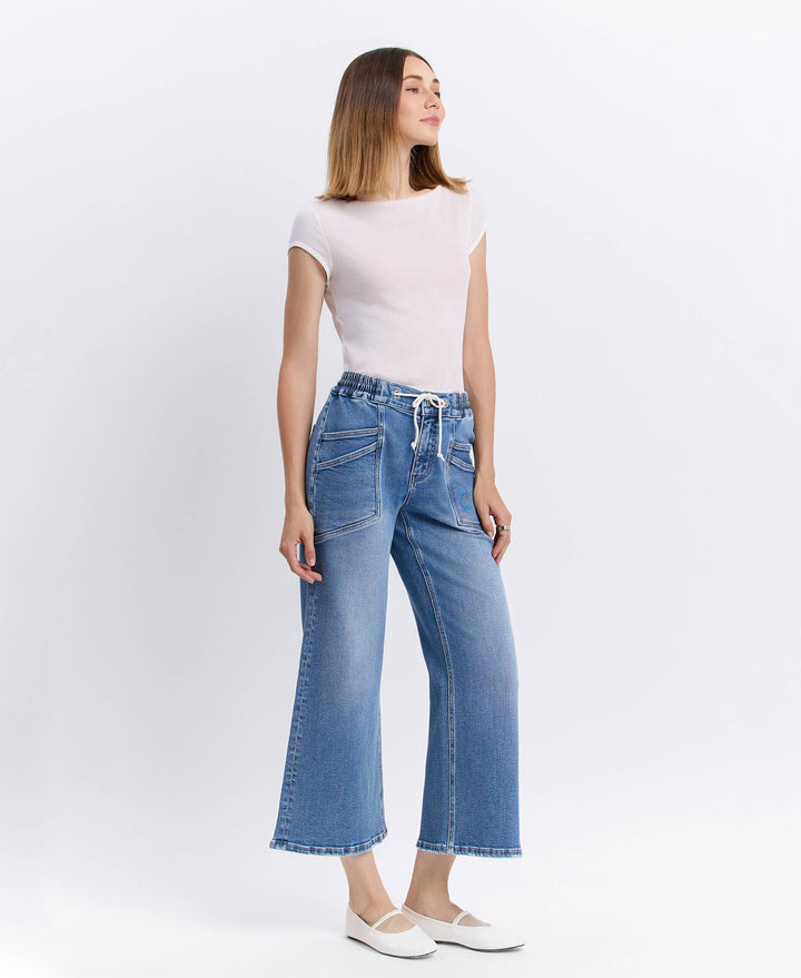 High Rise Flare Denim with Drawstring Waist