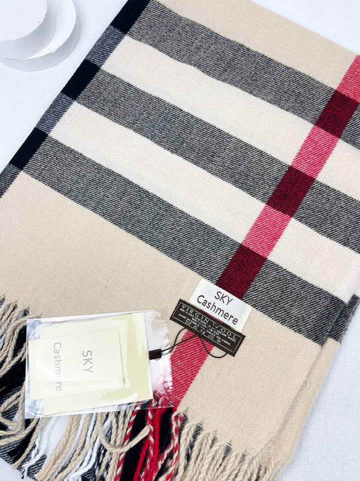 Camel Wool Plaid Cashmere Scarf With Tassel