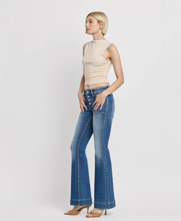Mid Rise Patch Pocket  Flare Jean